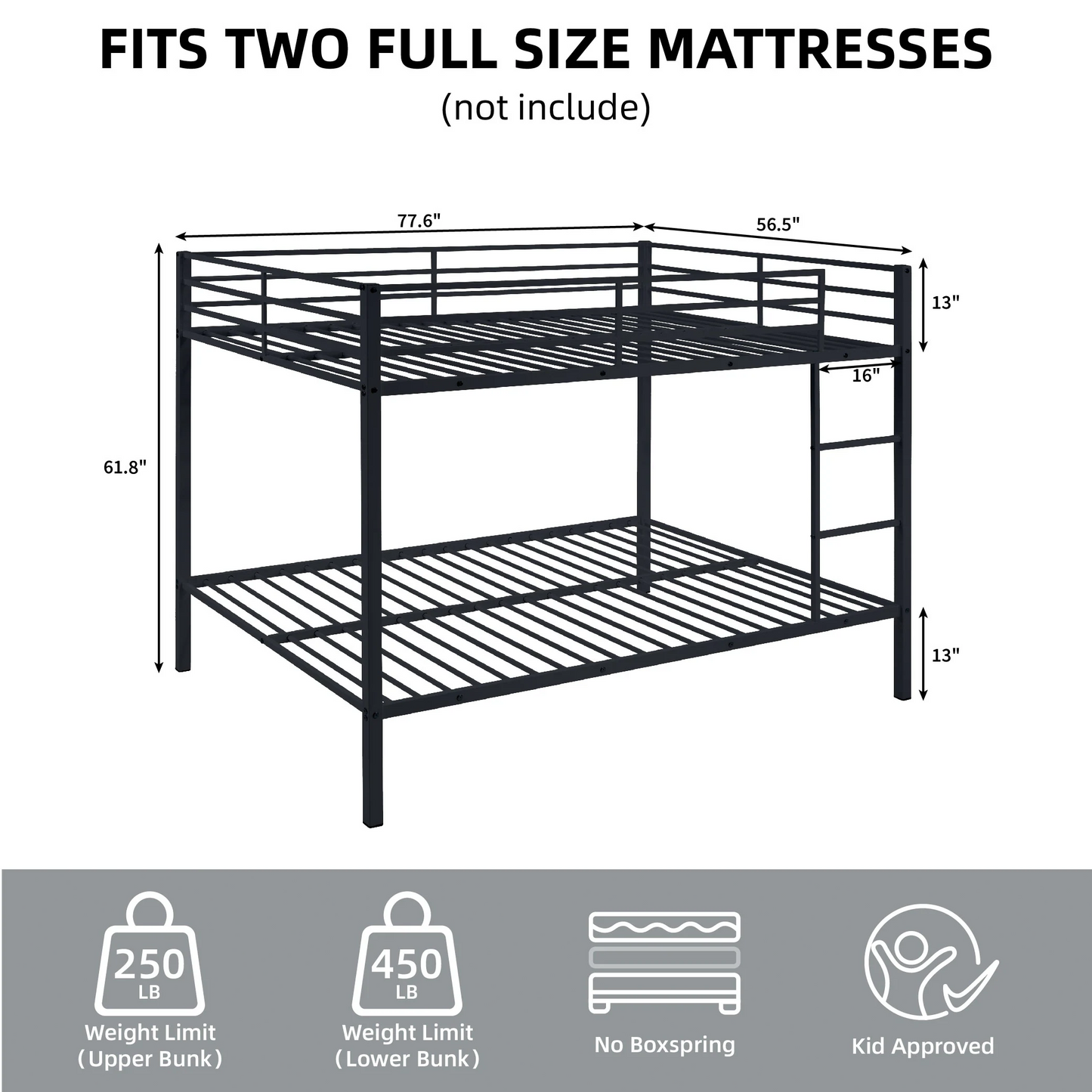 Full Size Bunk Beds, Heavy Duty Bunk Beds For Kids Full over Full, Metal Bunk Beds No Box Spring Needed for Adults, 450ls Weight Capacity, White