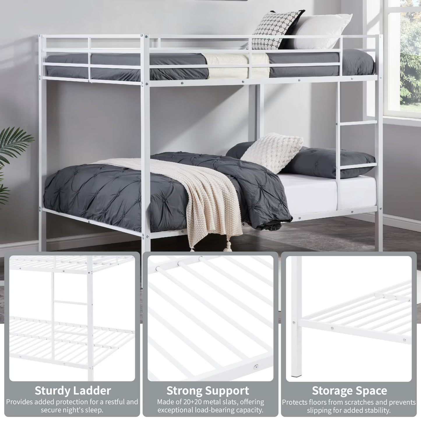 Full Size Bunk Beds, Heavy Duty Bunk Beds For Kids Full over Full, Metal Bunk Beds No Box Spring Needed for Adults, 450ls Weight Capacity, White
