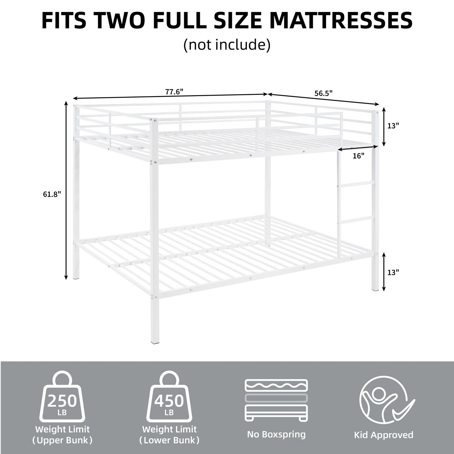 Full Size Bunk Beds, Heavy Duty Bunk Beds For Kids Full over Full, Metal Bunk Beds No Box Spring Needed for Adults, 450ls Weight Capacity, White