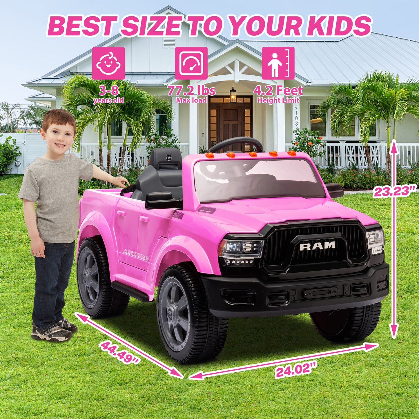 12V Ride on Cars, Licensed Dodge RAM 2500 Kids Ride on Toys with Remote Control, Ride on Trucks with Music, MP3/USB Port, Back Storage, LED Light, Electric Cars for Kids Boys Girls, Pink