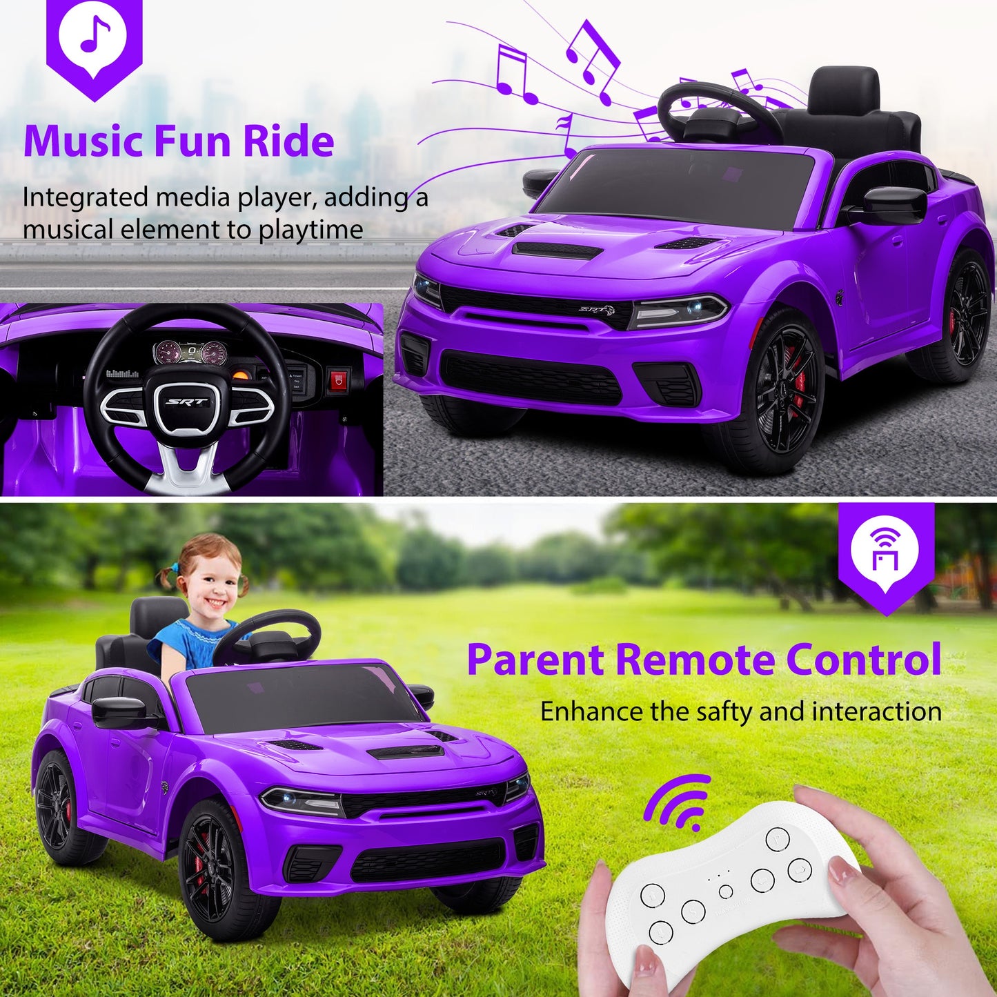 Legahome Purple 12v Kids Electric Cars, Licensed Dodge Charger Kids Ride on Cars with Remote Control, Battery Powered Ride on Toys with Bluetooth, Music, USB, MP3, 4 Wheel Suspension