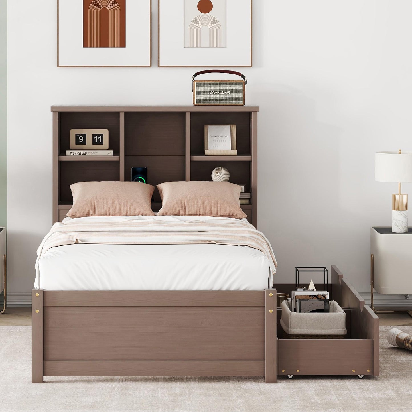 Twin Storage Bed with Bookcase Headboard, Twin Size Captain Bed Frame, with 2 Drawers and Charging Station, Twin Bed Frame with Storage
