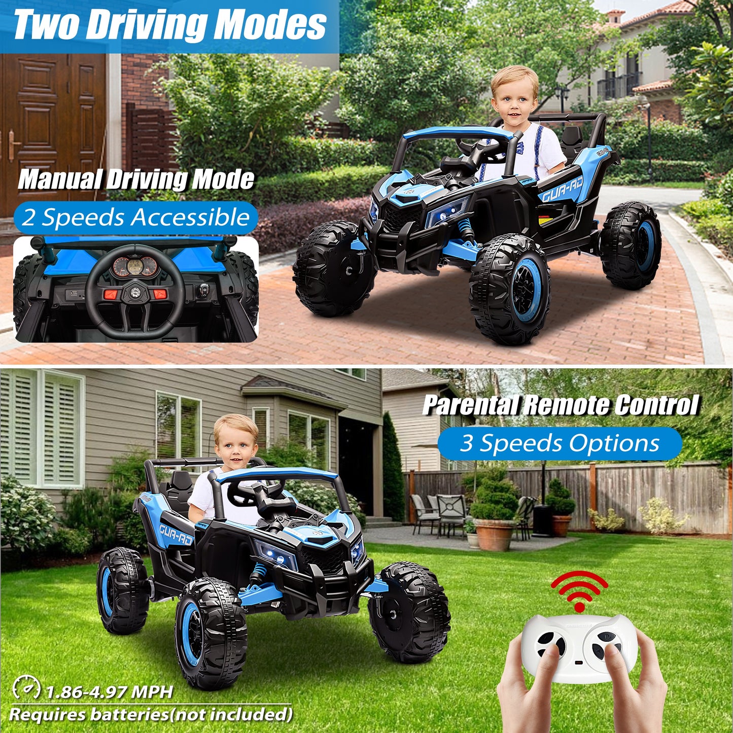 Powered Ride on Toy UTV for Boys, 24 Volt Ride on Cars with Remote Control, Bluetooth, Music Player, Spring Suspension, LED Lights, Larger Seat 4 Wheeler Electric Cars for Kids Girls Gifts, Blue