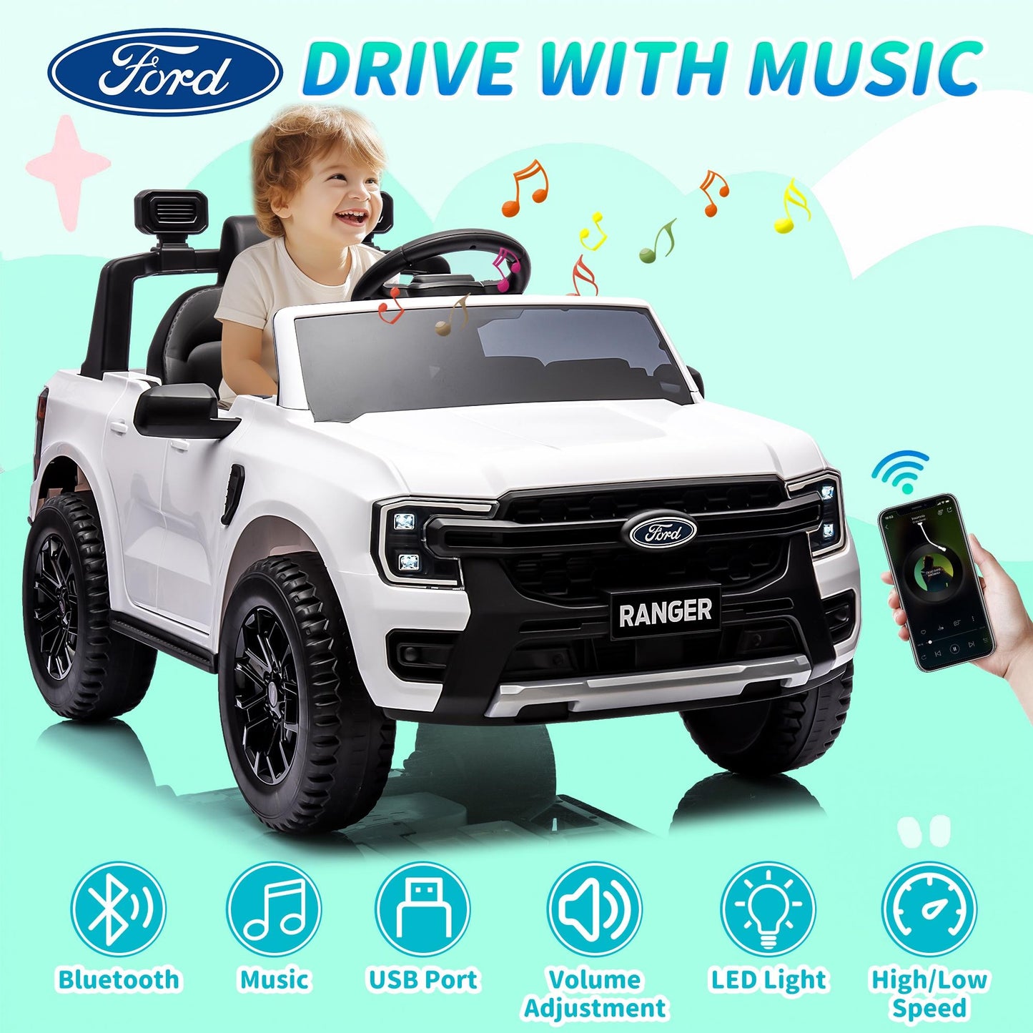 Legahome White 12V Ford Ranger Powered Ride on Car with Remote Control, Kids Electric Car for Boys Girls 3-6 Ages, Kids Ride on Toys with Bluetooth, Music, USB Port, Horn, LED Lights