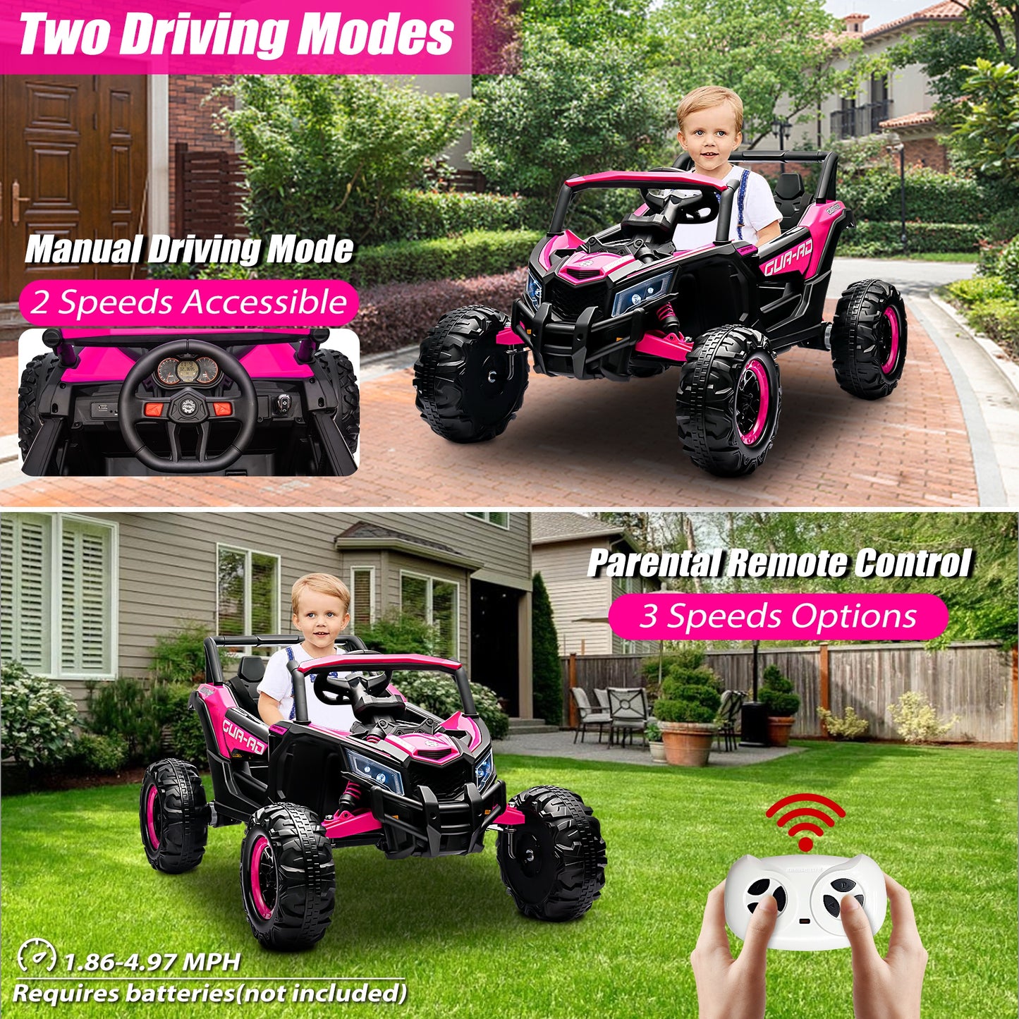 Powered Ride on Toy UTV for Boys, 24 Volt Ride on Cars with Remote Control, Bluetooth, Music Player, Spring Suspension, LED Lights, Larger Seat 4 Wheeler Electric Cars for Kids Girls Gifts, Pink