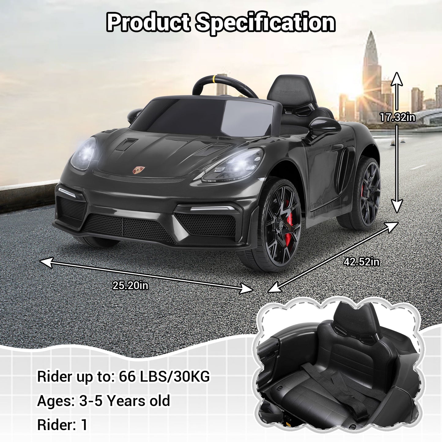 12V Powered Ride on Cars, Licensed Porsche 718 Ride on Toys for Kids Boys Girls Christmas Gifts Ages 3-5, Kids Cars Electric Vehicle with Remote Control, Bluetooth, Music, LED Light, 4 Wheeler, Black