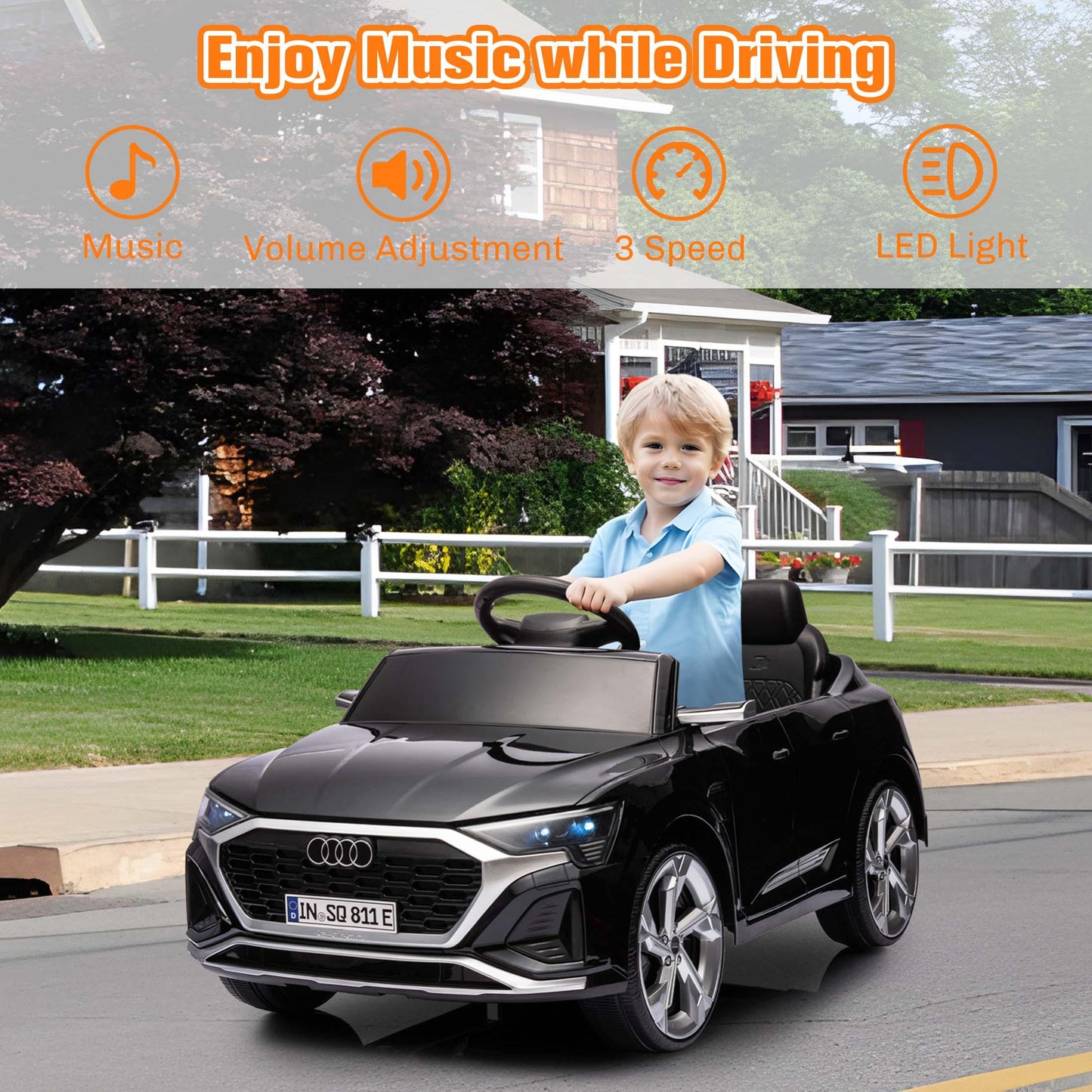 12V Powered Ride on Cars, Licensed Audi SQ8 Toddlers Ride on Toys with Remote Control, Music, LED Light, 3 Speed, 4 Wheel Suspension, Electric Cars for Kids 3-6 Ages Kids Christmas Gift, Black