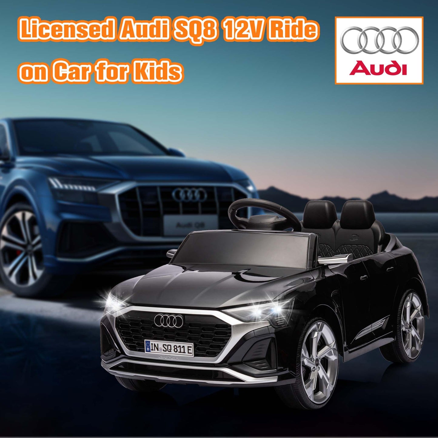 12V Powered Ride on Cars, Licensed Audi SQ8 Toddlers Ride on Toys with Remote Control, Music, LED Light, 3 Speed, 4 Wheel Suspension, Electric Cars for Kids 3-6 Ages Kids Christmas Gift, Black