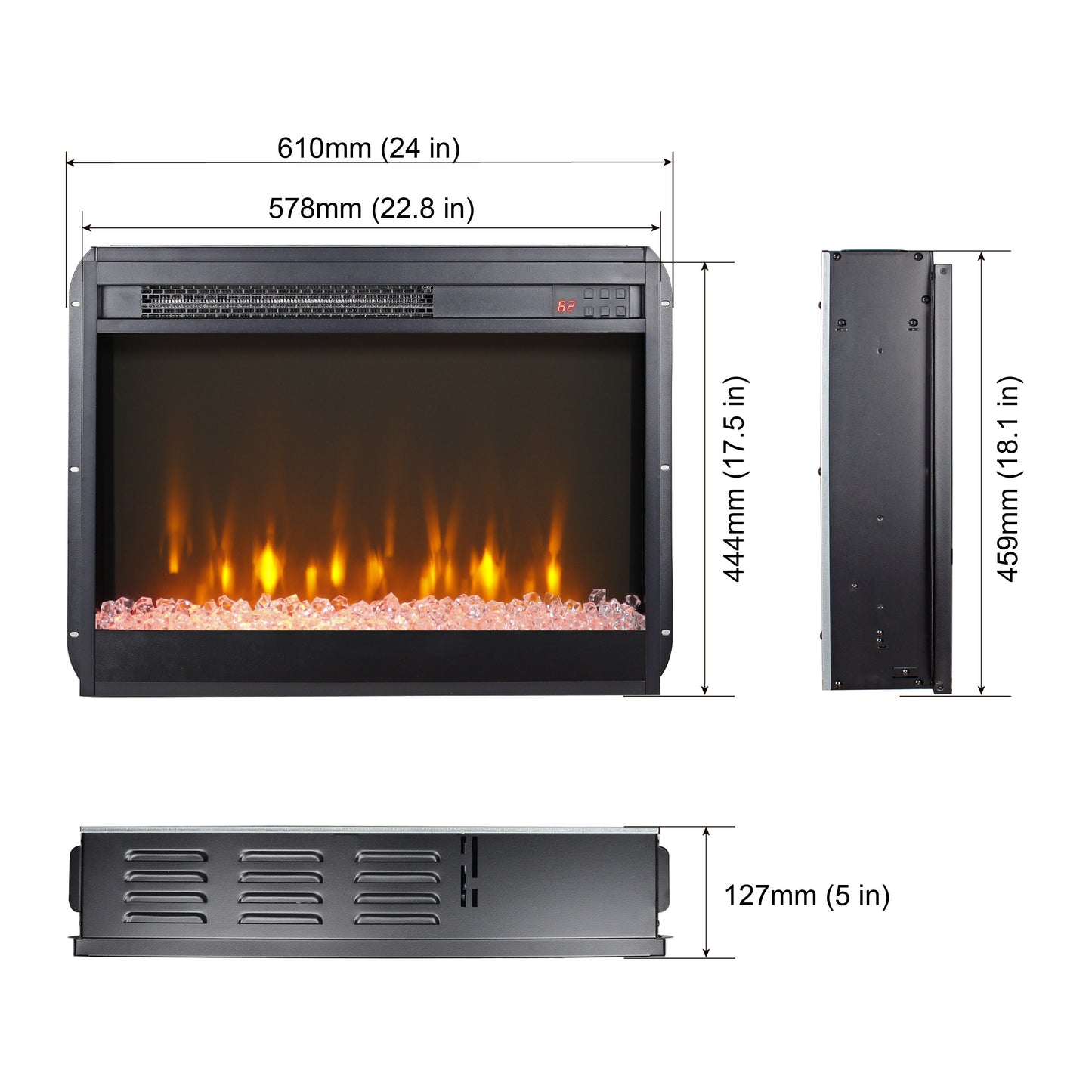 23''Electric Fireplace Insert, Legahome Recessed Electric Fireplace Heater with Remote Control, Fireplace Insert Electric Heater with Crystal & Side light, Realistic Flame, Overheat Protection