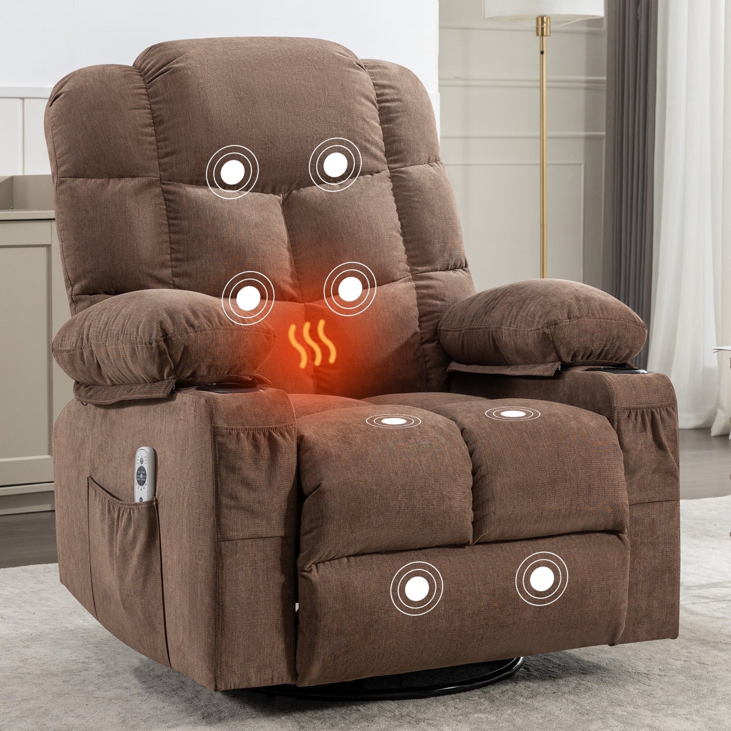 Rocker Recliner, Swivel Rocker Recliner Chair with Heat and Massage, Massage Recliner Chair for Living Room, Elderly Single Lounge Chair for Nursery Living Room Home Theater Office, Brown