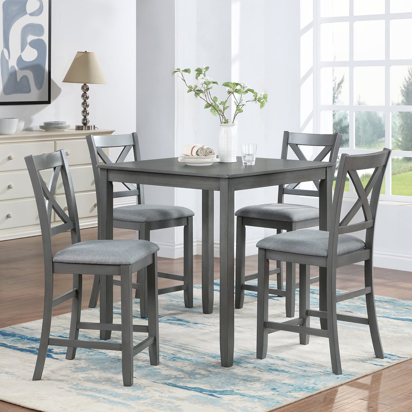 Counter Height Dining Set for 4, 5 Piece Wood Square Dining Table and 4 Upholstered Chair, Wood Kitchen Table Set for 4, Farmhouse Bar Height Breakfast Nook Dining Set, Gray