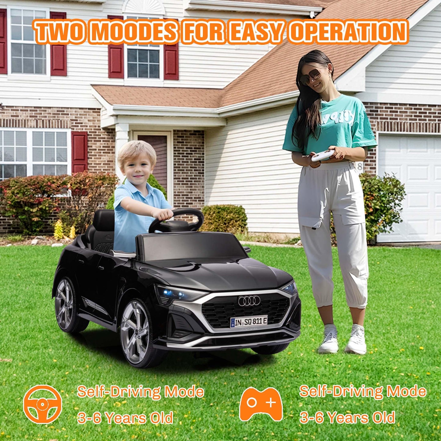 12V Powered Ride on Cars, Licensed Audi SQ8 Toddlers Ride on Toys with Remote Control, Music, LED Light, 3 Speed, 4 Wheel Suspension, Electric Cars for Kids 3-6 Ages Kids Christmas Gift, Black