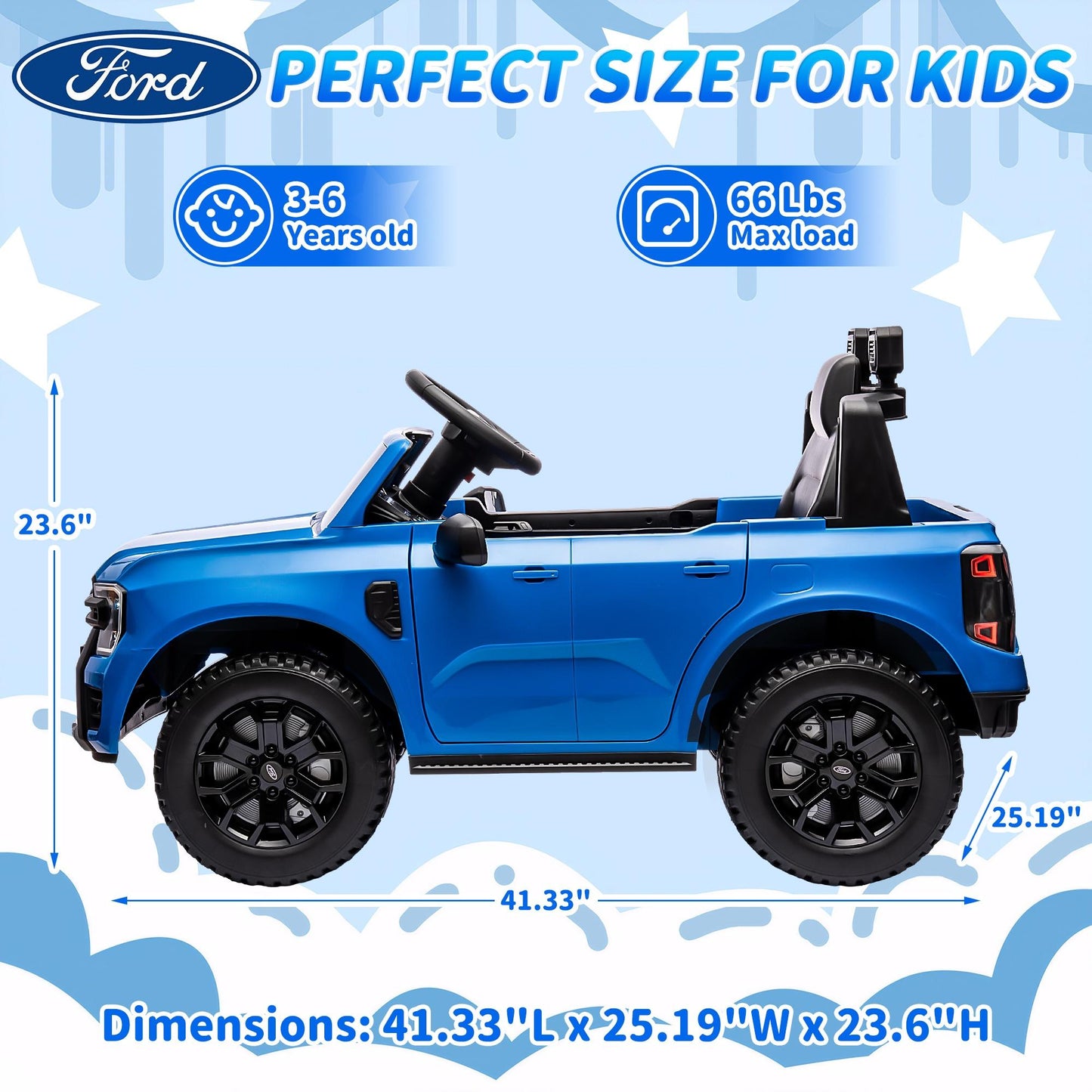 12V Ride on Cars with Remote Control, Ford Ranger 4 Wheels Electric Cars for Kids with Bluetooth, Music, USB Port, LED Lights, Battery Powered Ride on Toys for Kids Boys Girls 3-6 Ages Gifts, Blue