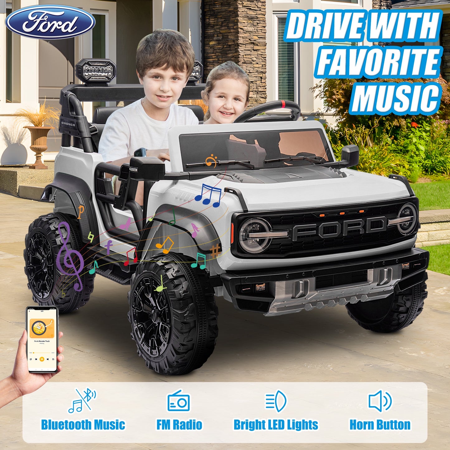 24V 2 Seater Ride on Toy Car, Licensed Ford Bronco Raptor Ride on Trucks with Remote Control, Bluetooth Music Player, Spring Suspension, Battery Powered Electric Car for Kids Boys Girl Ages 3-8, White
