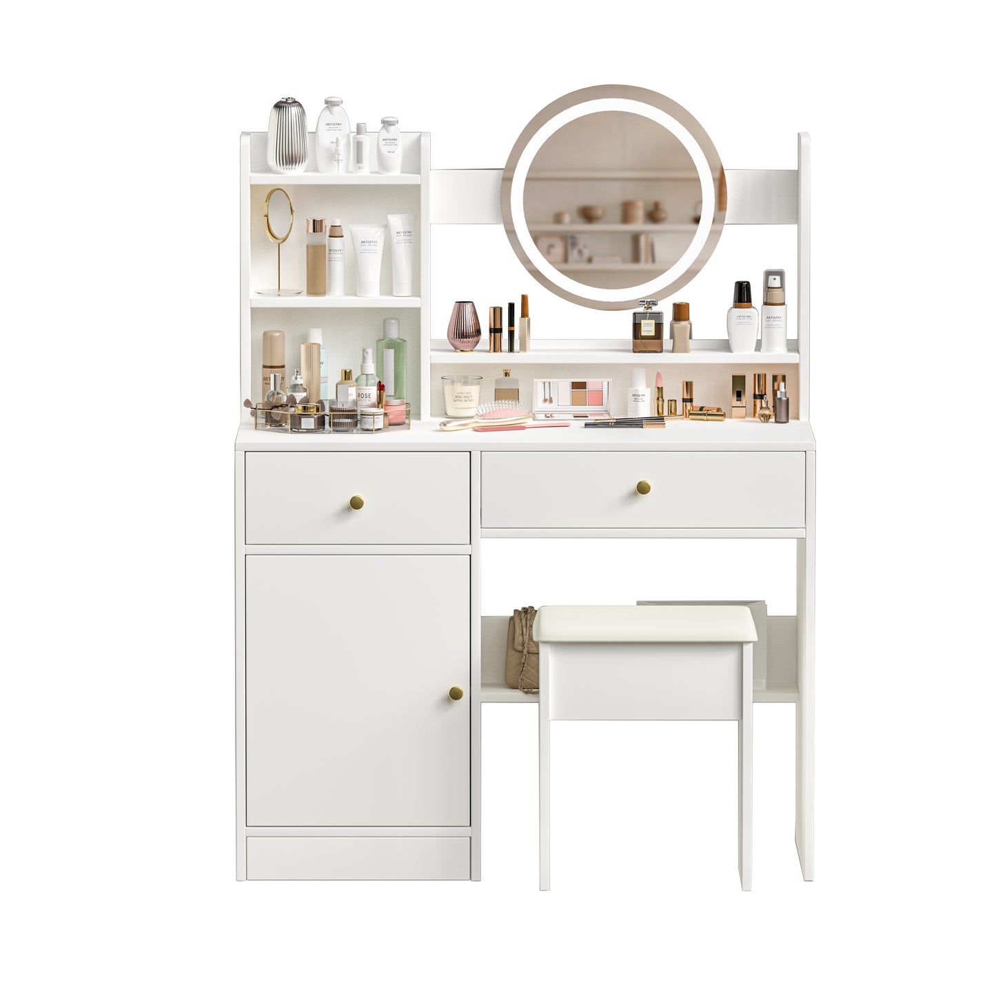 Vanity Set with Sliding Mirror and Lights, Modern Lighted Makeup Vanity Table Set, Vanity Desk with Chair Set for Girls, Dressing Table with Drawers for Bedroom