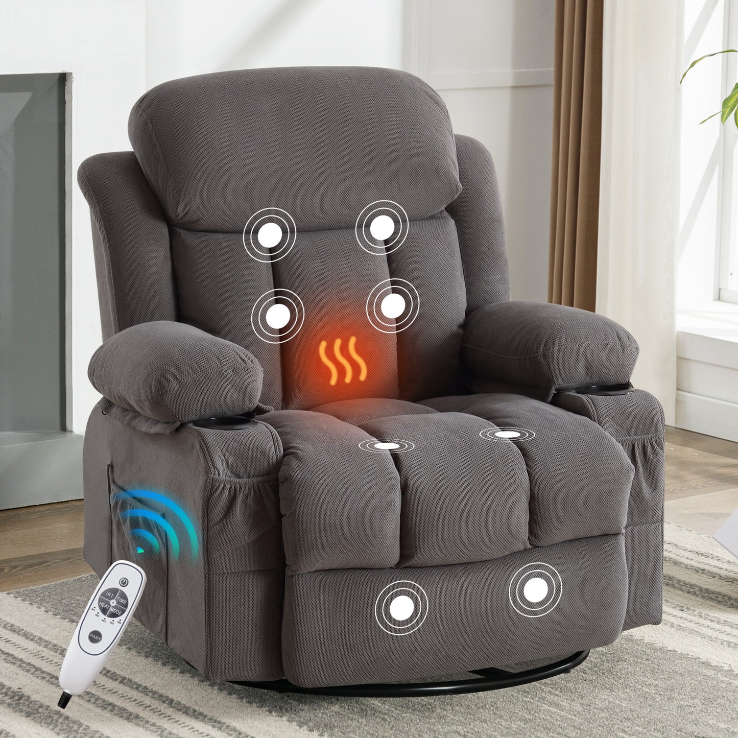 24.4in Rocker Recliner with Massage and Heat, Manual Swivel Rocker Recliner Chair for Living Room, Velvet Glider Rocking Recliner for Adults, Home Theater Message Recliner with Footrest