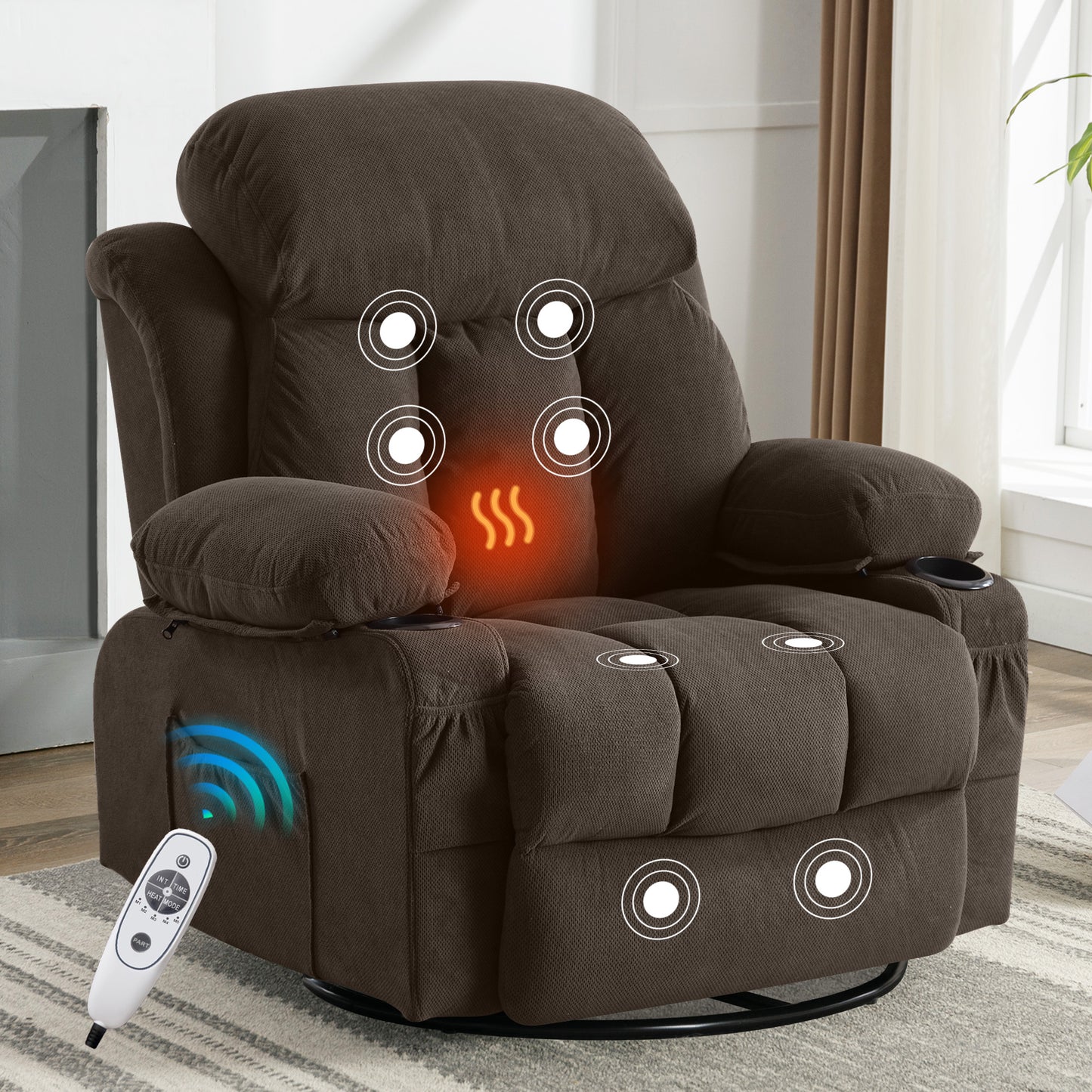 24.4in Rocker Recliner with Massage and Heat, Manual Swivel Rocker Recliner Chair for Living Room, Velvet Glider Rocking Recliner for Adults, Home Theater Message Recliner with Footrest