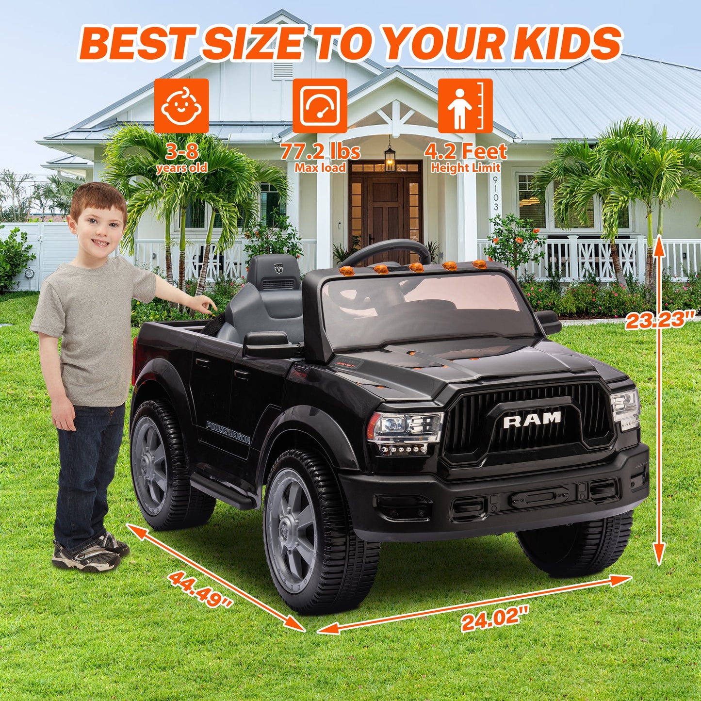 12V Ride on Cars, Licensed Dodge RAM 2500 Kids Ride on Toys with Remote Control, Ride on Trucks with Music, MP3/USB Port, Back Storage, LED Light, Electric Cars for Kids Boys Girls, Black
