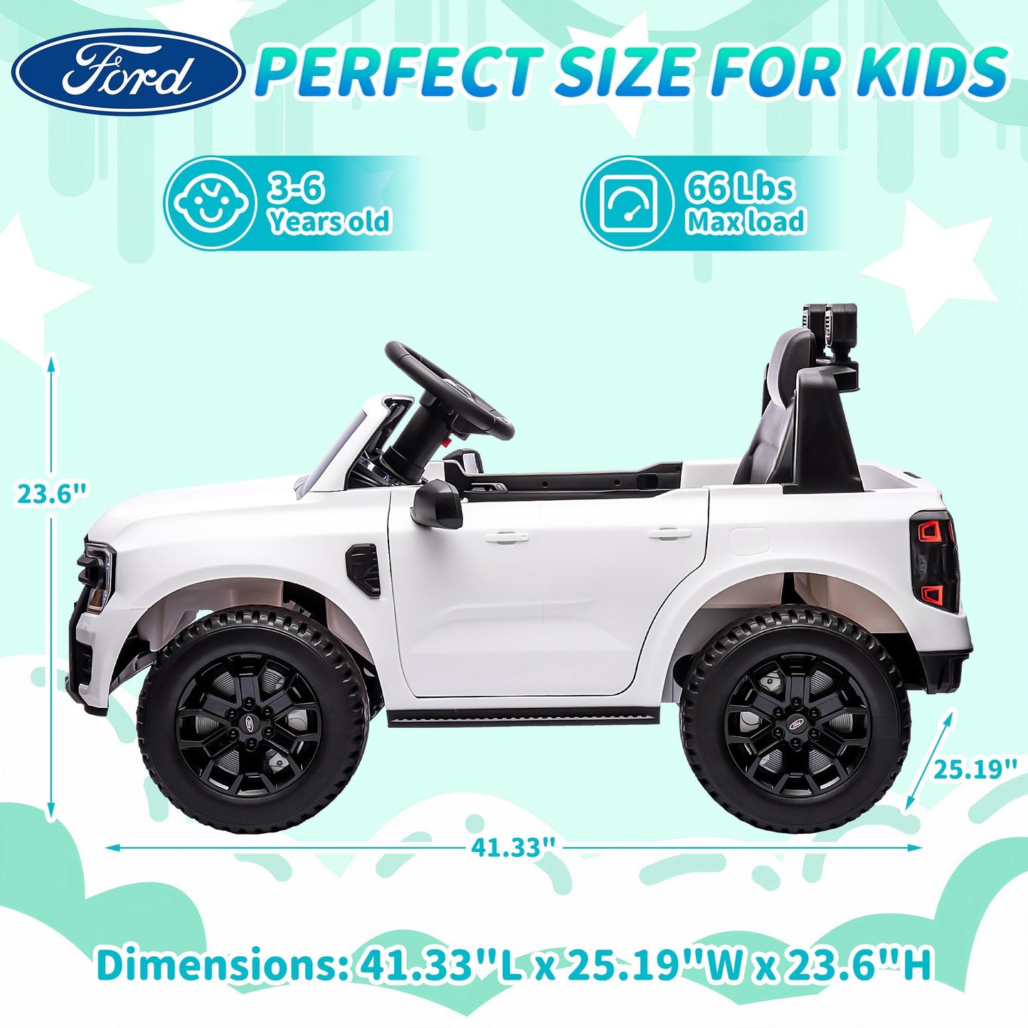 12V Ride on Cars with Remote Control, Ford Ranger 4 Wheels Electric Cars for Kids with Bluetooth, Music, USB Port, LED Lights, Battery Powered Ride on Toys for Kids Boys Girls 3-6 Ages Gifts, White