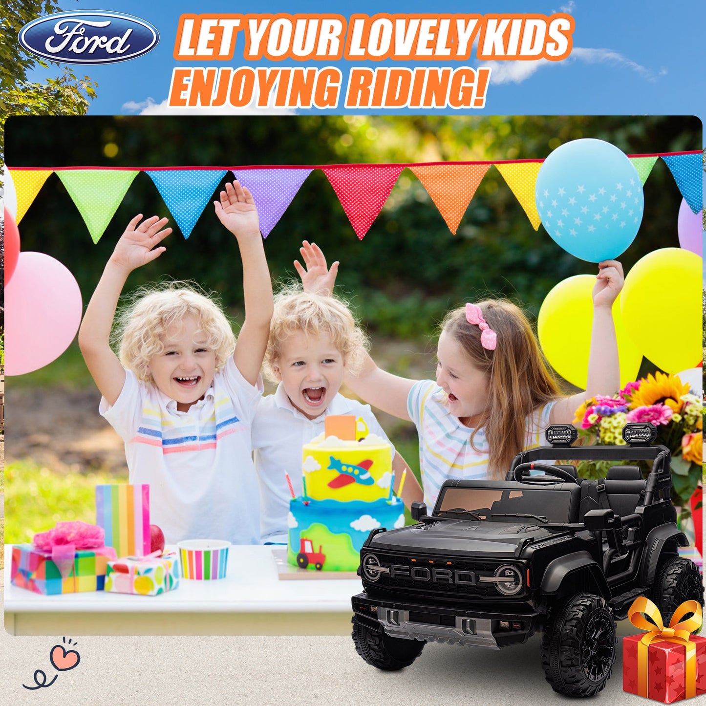 24V 2 Seater Ride on Toy Car, Licensed Ford Bronco Raptor Ride on Trucks with Remote Control, Bluetooth Music Player, Spring Suspension, Battery Powered Electric Car for Kids Boys Girl Ages 3-8, Black