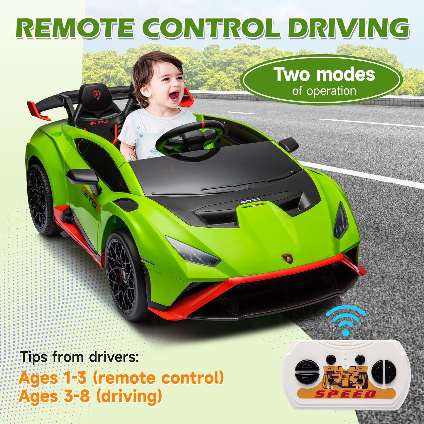 Lamborghini Ride on Sports Car, 24 Volt Ride on Toy with Remote Control, Battery Powered Kid Car Kids Electric Vehicles, 4 Wheeler with Bluetooth, Music Player, LED Light, 360¡ã Spins, Green