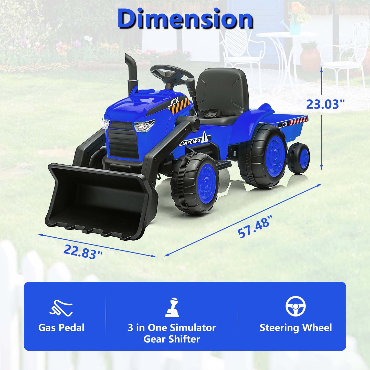 Legahome Ride on Toy Bulldozer, 12V Electric Ride on Car with Remote Control, Ride on Tractor Electric Excavator Vehicle Construction Truck with Trailer, Adjustable Bucket, Music, 3 Speeds, Blue