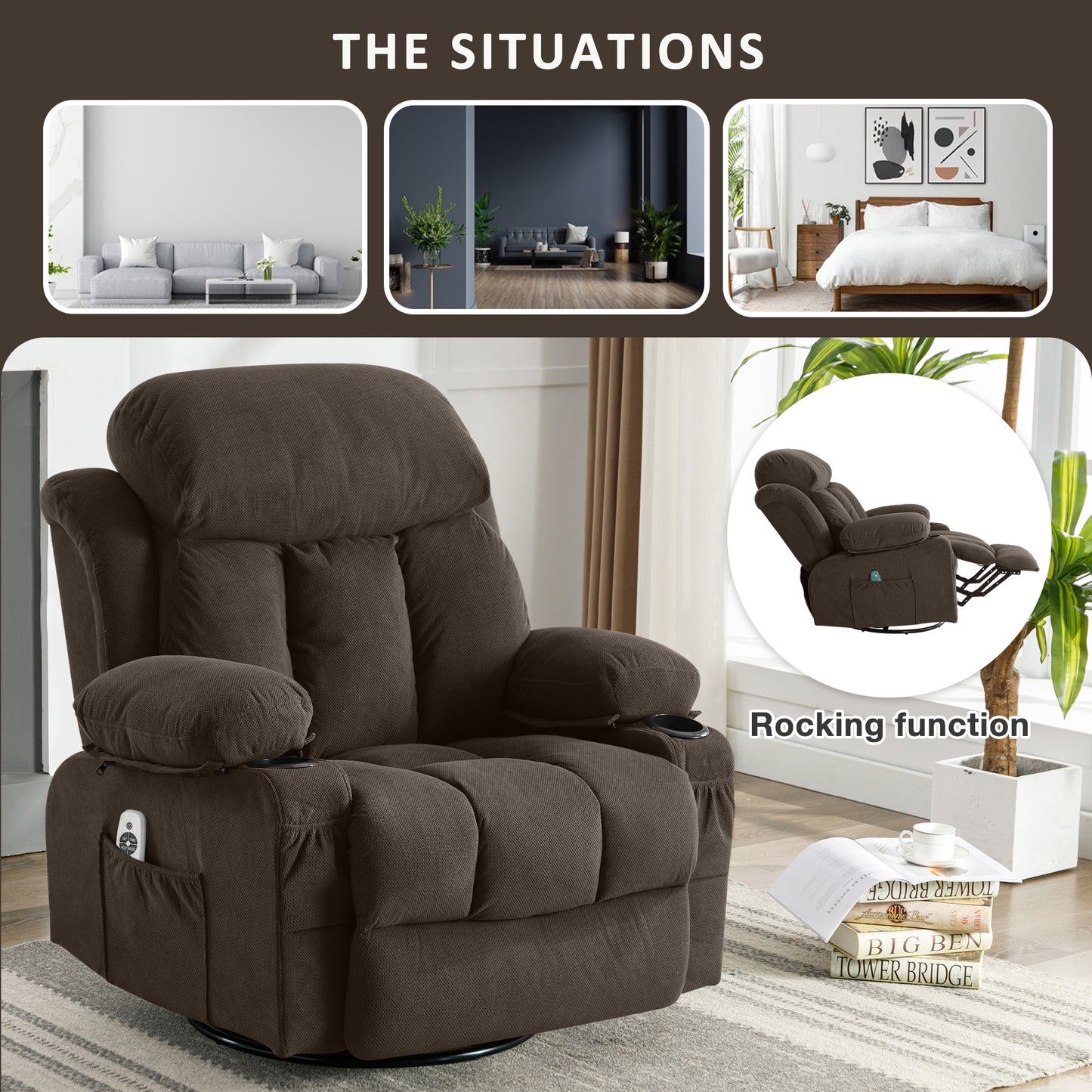 24.4in Rocker Recliner with Massage and Heat, Manual Swivel Rocker Recliner Chair for Living Room, Velvet Glider Rocking Recliner for Adults, Home Theater Message Recliner with Footrest