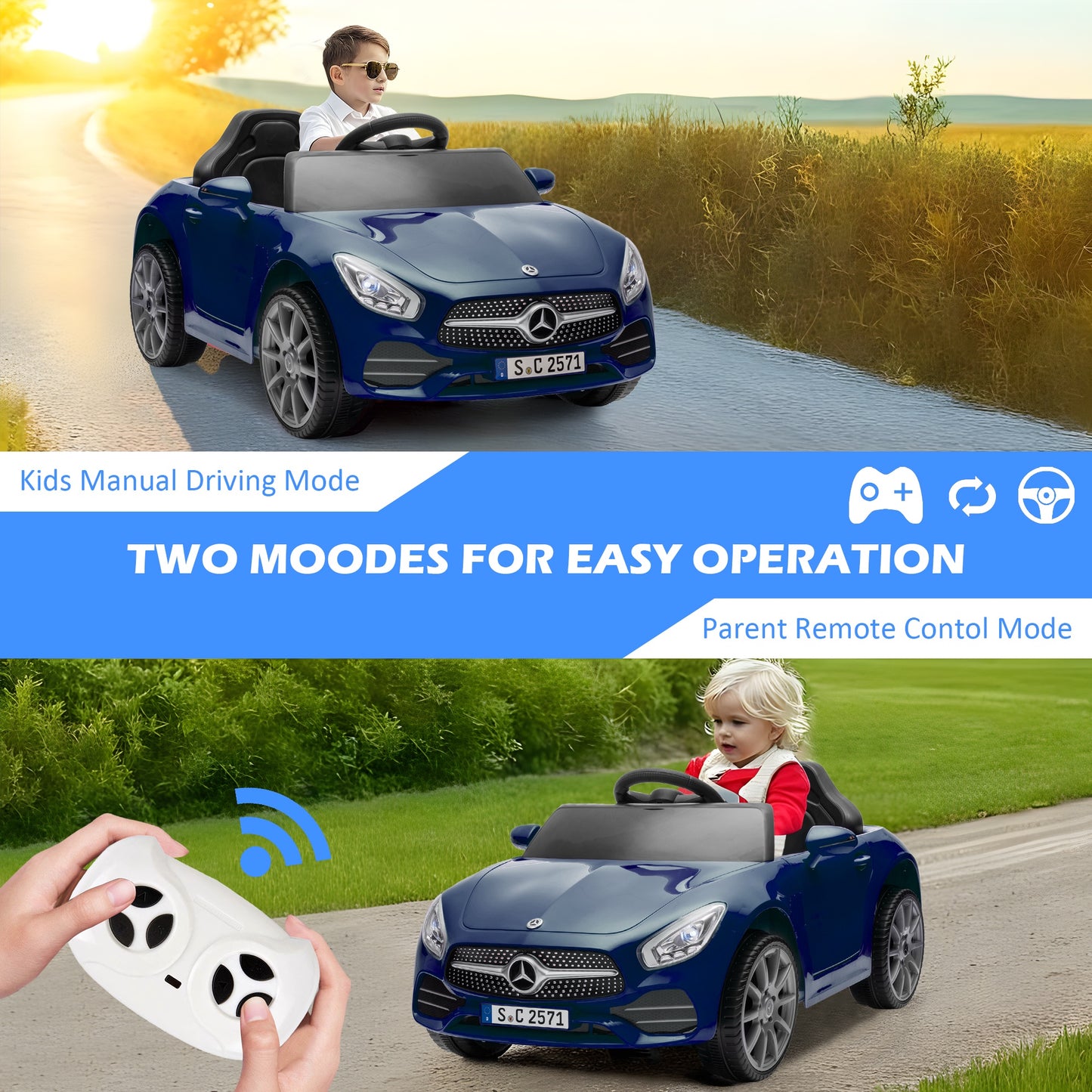 Legahome 12V Electric Ride On Cars for Boys Girls, Battery Powered Ride on Toys for Toddlers with Music, USB/AUX/SD Ports, LED Light, 4 Wheel Suspension, Electric Car for Kids 3-6 Years Old Gifts, Blue
