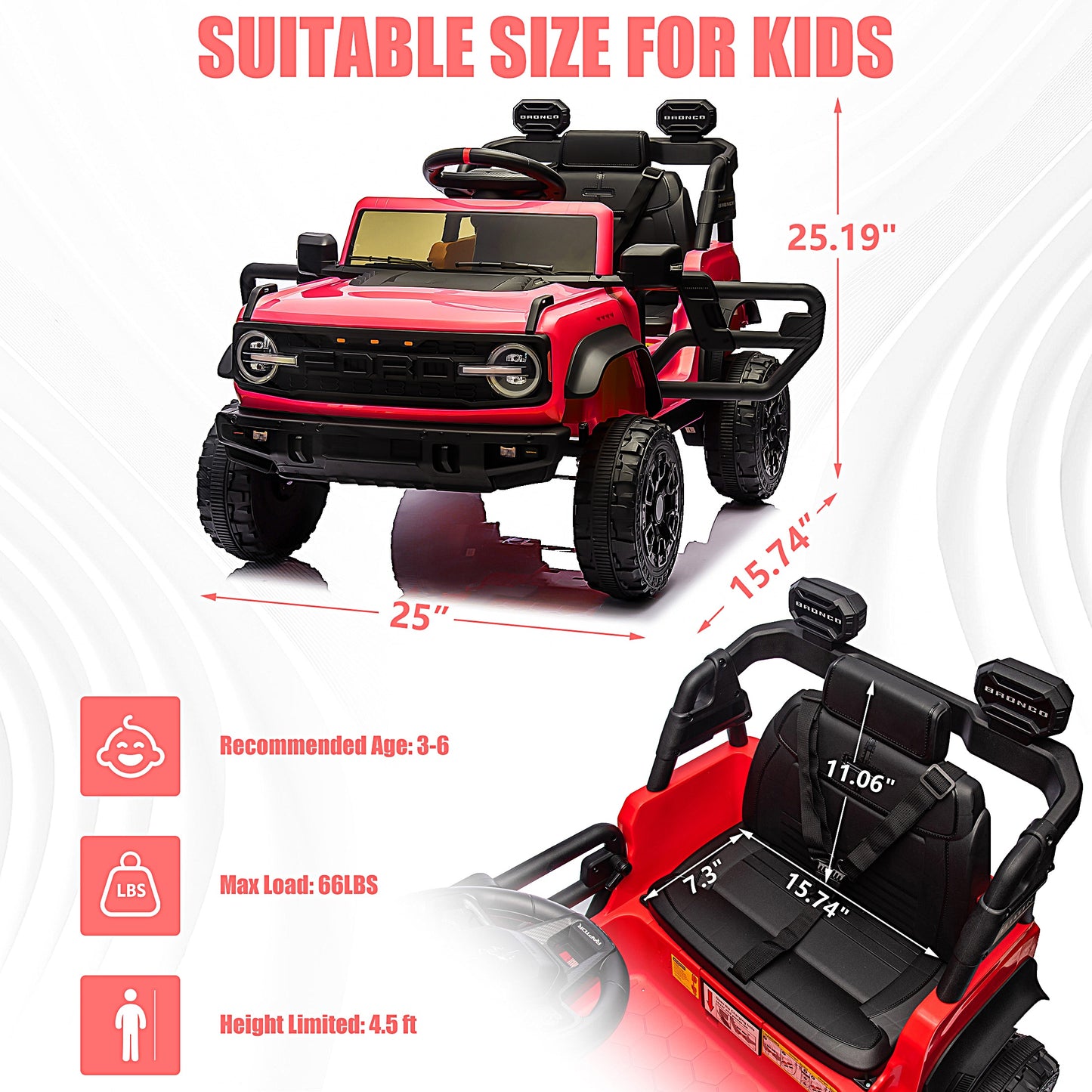 12V Powered Ride on Car, Ford Bronco Raptor Ride on Toys with Remote Control, Battery Powered Ride on Trucks with Bluetooth Music, LED Light, Kids Car Electric Vehicle for Boys Girls Gifts, Red