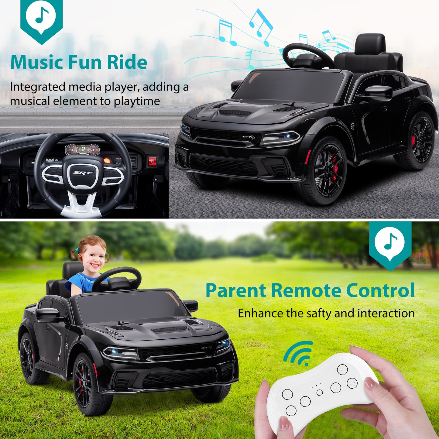 Kids Electric Cars With Remote Control, Licensed Dodge Charger 12V Ride on Cars for Boys Girls, Battery Powered Ride on Toys with Bluetooth, USB, MP3, 4 Wheel Suspension, Black
