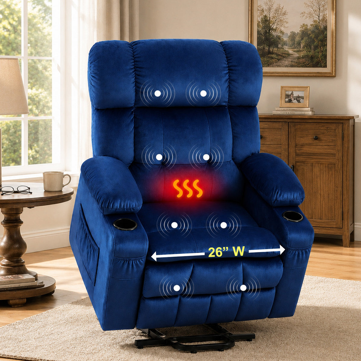 26in Oversized Lift Chair for Elderly, LEGAHOME Power Lift Recliner Chair with Heat and Massage, Velvet Fabric Massage Recliner for Adults, Blue