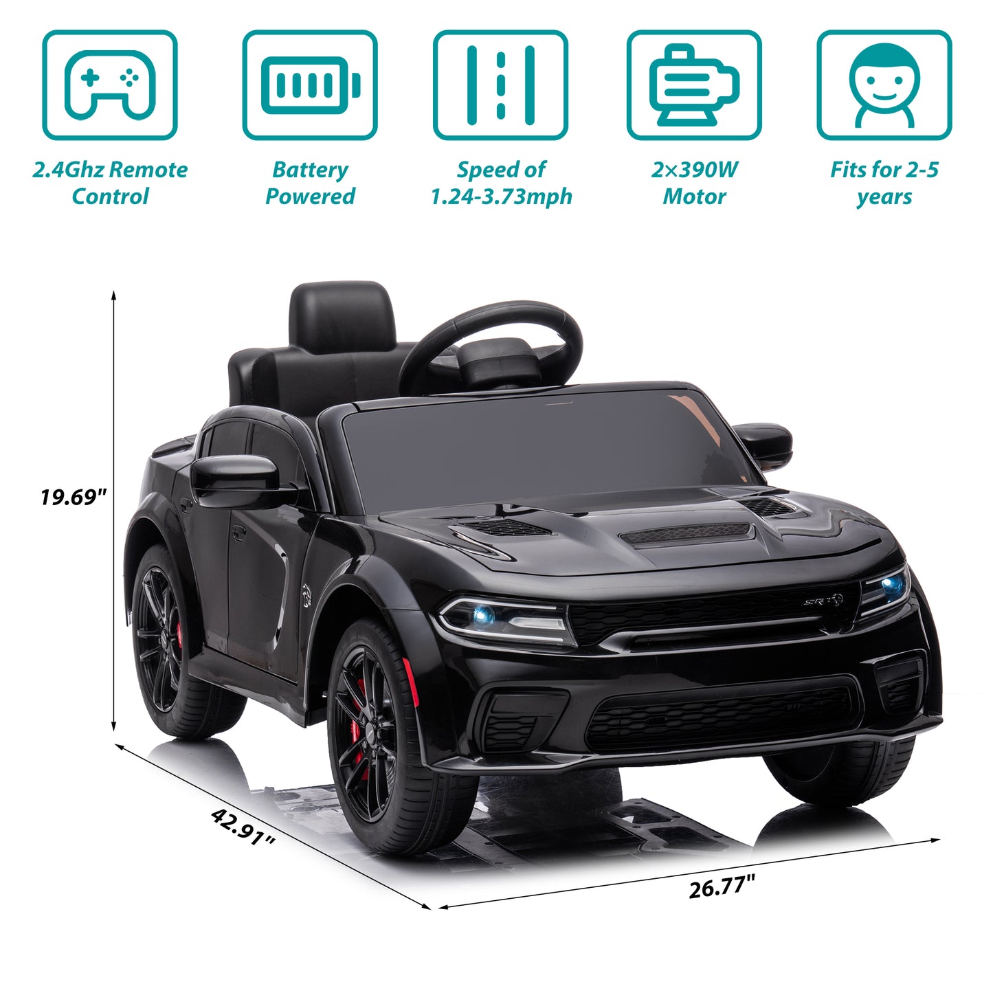 Kids Electric Cars With Remote Control, Licensed Dodge Charger 12V Ride on Cars for Boys Girls, Battery Powered Ride on Toys with Bluetooth, USB, MP3, 4 Wheel Suspension, Black