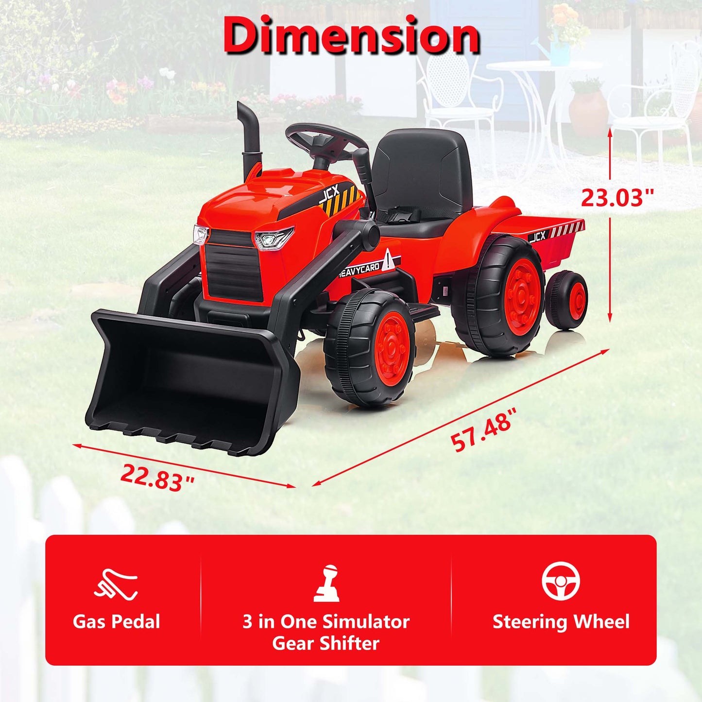Legahome Ride on Toy Bulldozer, 12V Electric Ride on Car with Remote Control, Ride on Tractor Electric Excavator Vehicle Construction Truck with Trailer, Adjustable Bucket, Music, 3 Speeds, Red
