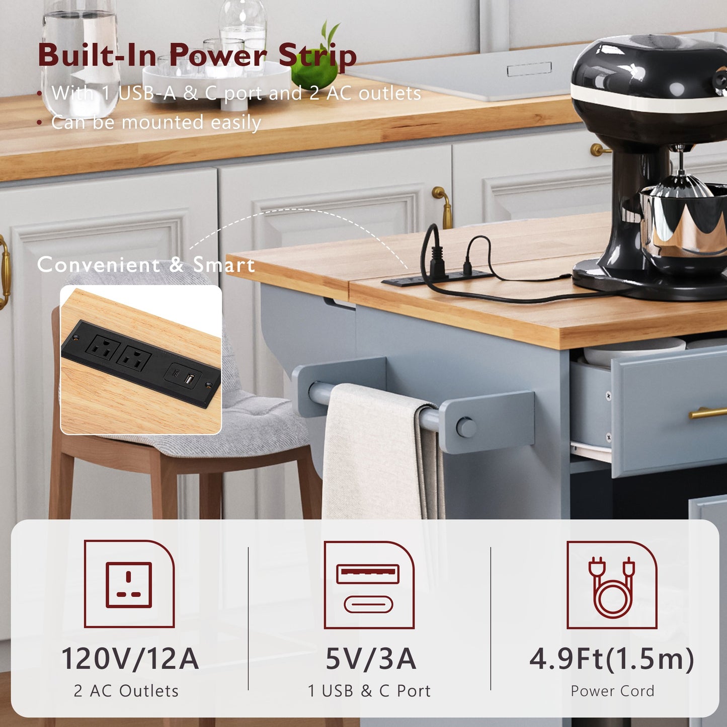 LEGAHOME 59.3” Kitchen Island with Rubberwood Drop-Leaf Top