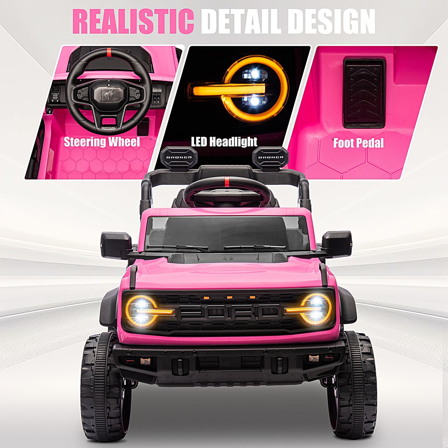 12V Powered Ride on Car, Ford Bronco Raptor Ride on Toys with Remote Control, Battery Powered Ride on Trucks with Bluetooth Music, LED Light, Kids Car Electric Vehicle for Boys Girls Gifts, Pink