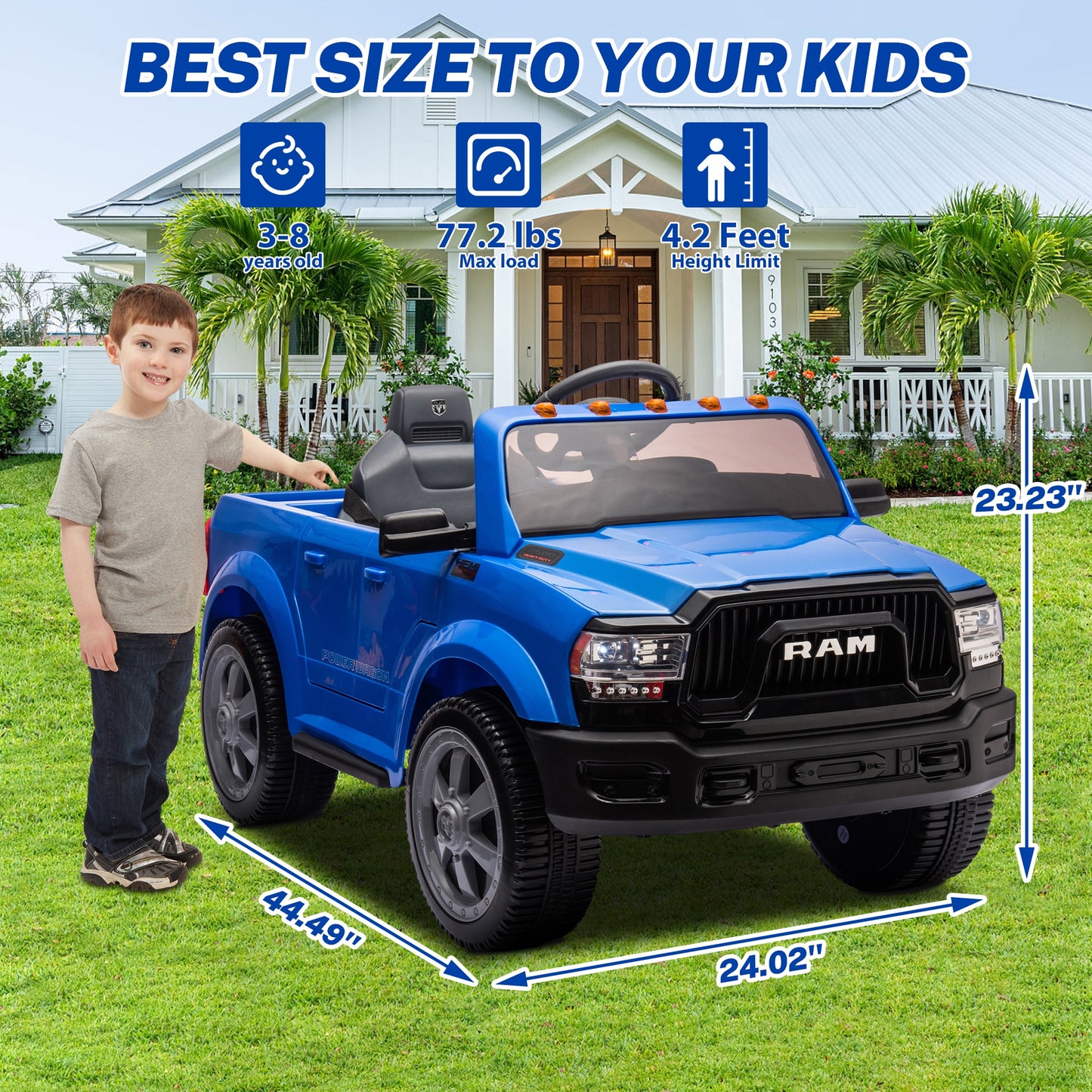 12V Ride on Cars, Licensed Dodge RAM 2500 Kids Ride on Toys with Remote Control, Ride on Trucks with Music, MP3/USB Port, Back Storage, LED Light, Electric Cars for Kids Boys Girls, Blue