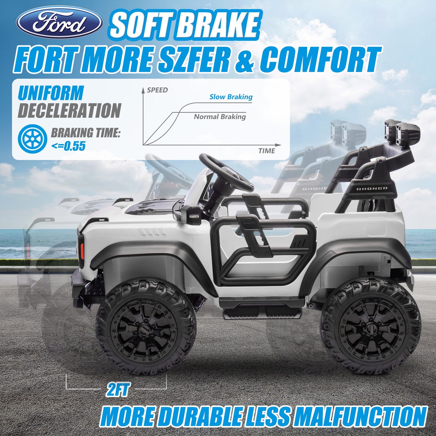 24V 2 Seater Ride on Toy Car, Licensed Ford Bronco Raptor Ride on Trucks with Remote Control, Bluetooth Music Player, Spring Suspension, Battery Powered Electric Car for Kids Boys Girl Ages 3-8, White
