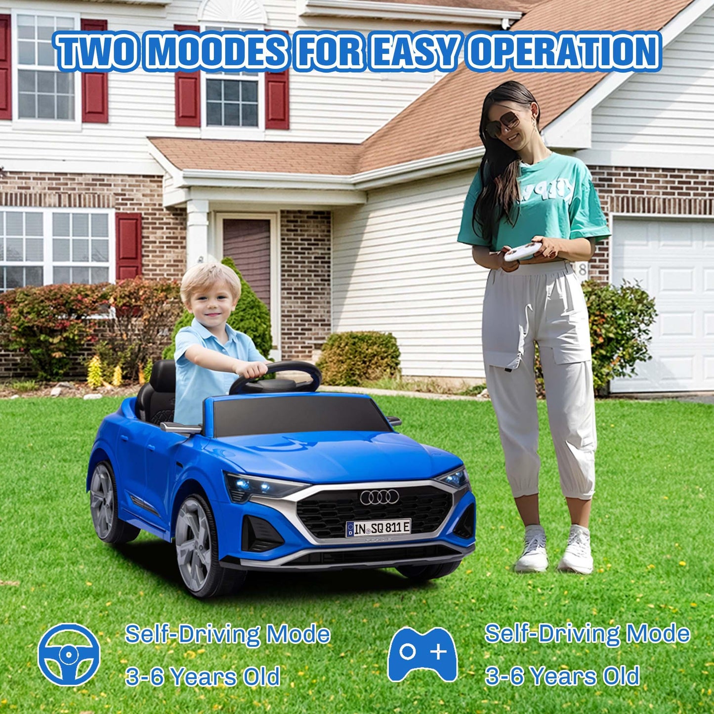 12V Powered Ride on Cars, Licensed Audi SQ8 Toddlers Ride on Toys with Remote Control, Music, LED Light, 3 Speed, 4 Wheel Suspension, Electric Cars for Kids 3-6 Ages Kids Christmas Gift, Blue