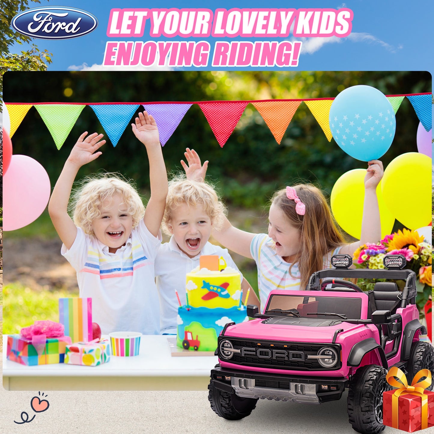 24V 2 Seater Ride on Toy Car, Licensed Ford Bronco Raptor Ride on Trucks with Remote Control, Bluetooth Music Player, Spring Suspension, Battery Powered Electric Car for Kids Boys Girl Ages 3-8, Pink