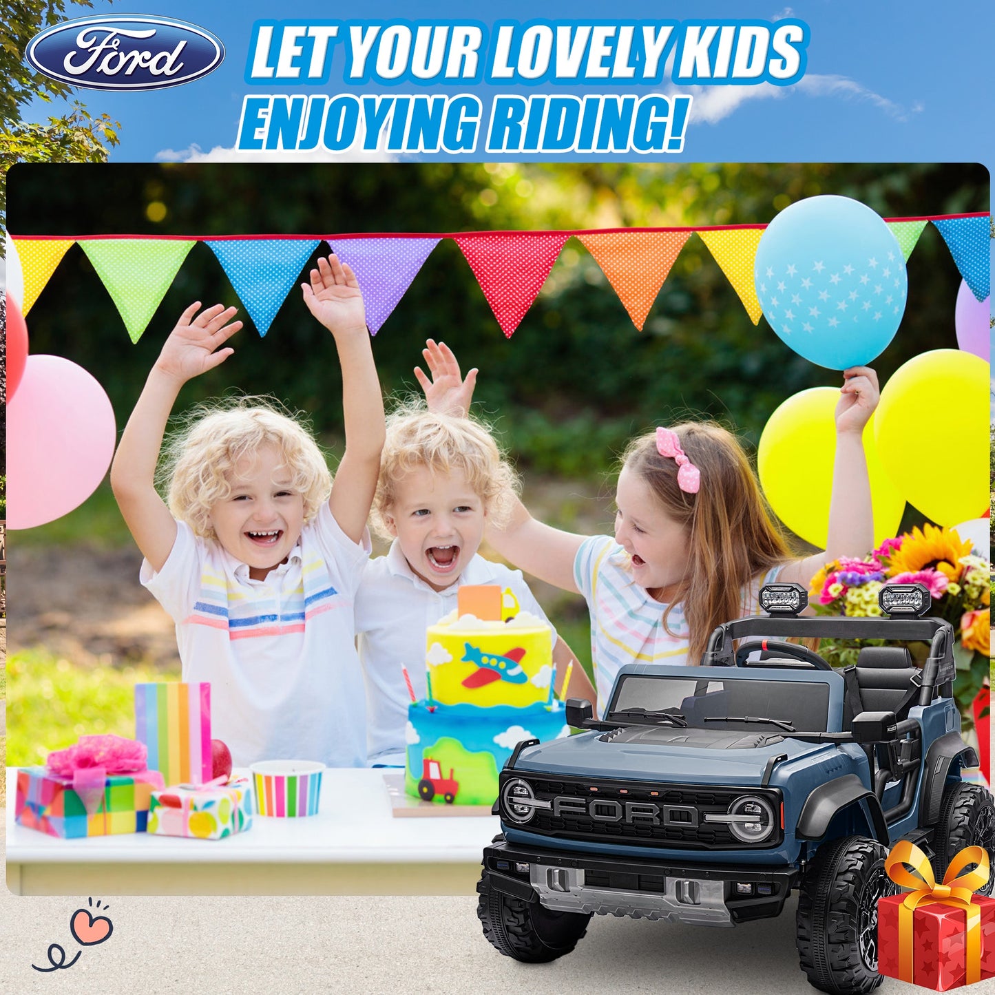 24V 2 Seater Ride on Toy Car, Licensed Ford Bronco Raptor Ride on Trucks with Remote Control, Bluetooth Music Player, Spring Suspension, Battery Powered Electric Car for Kids Boys Girls Ages 3-8, Blue