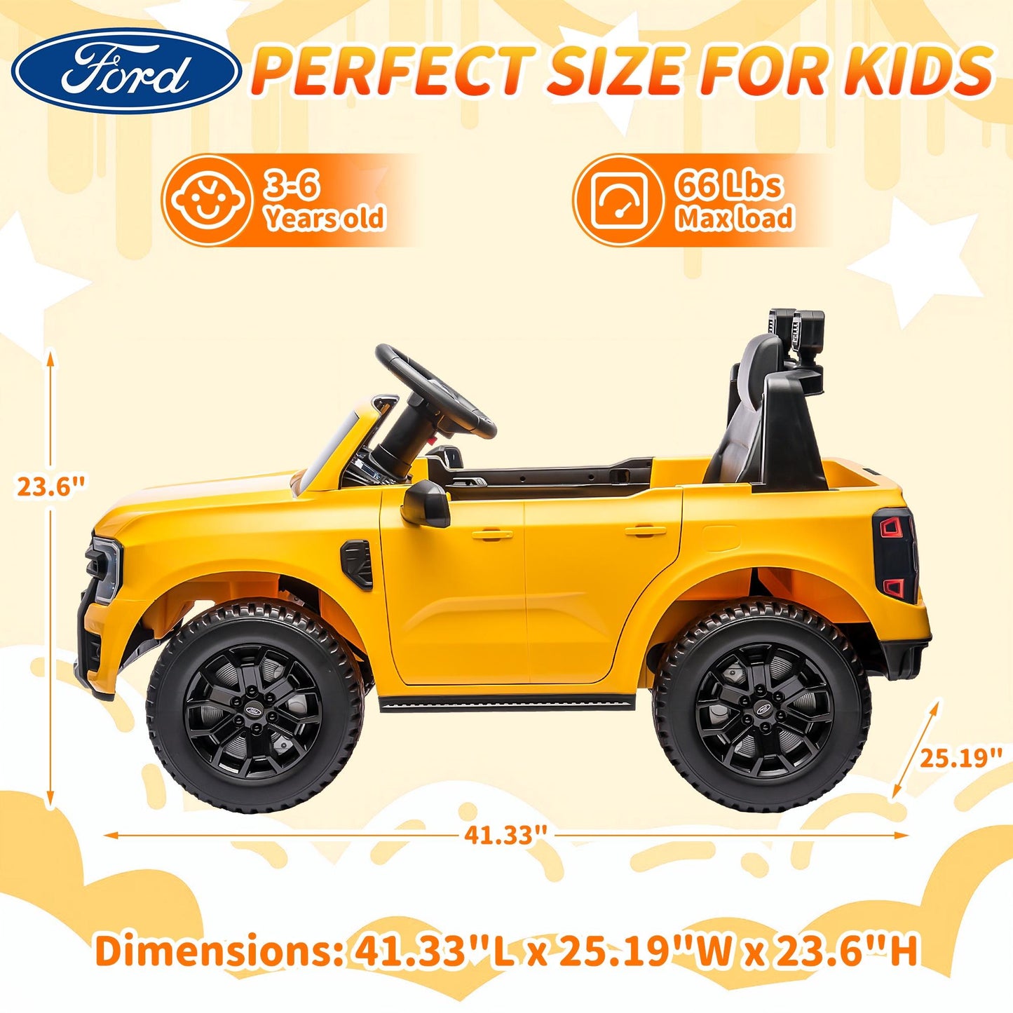 12V Ride on Cars with Remote Control, Ford Ranger 4 Wheels Electric Cars for Kids with Bluetooth, Music, USB Port, LED Lights, Battery Powered Ride on Toys for Kids Boys Girls 3-6 Ages Gifts, Yellow