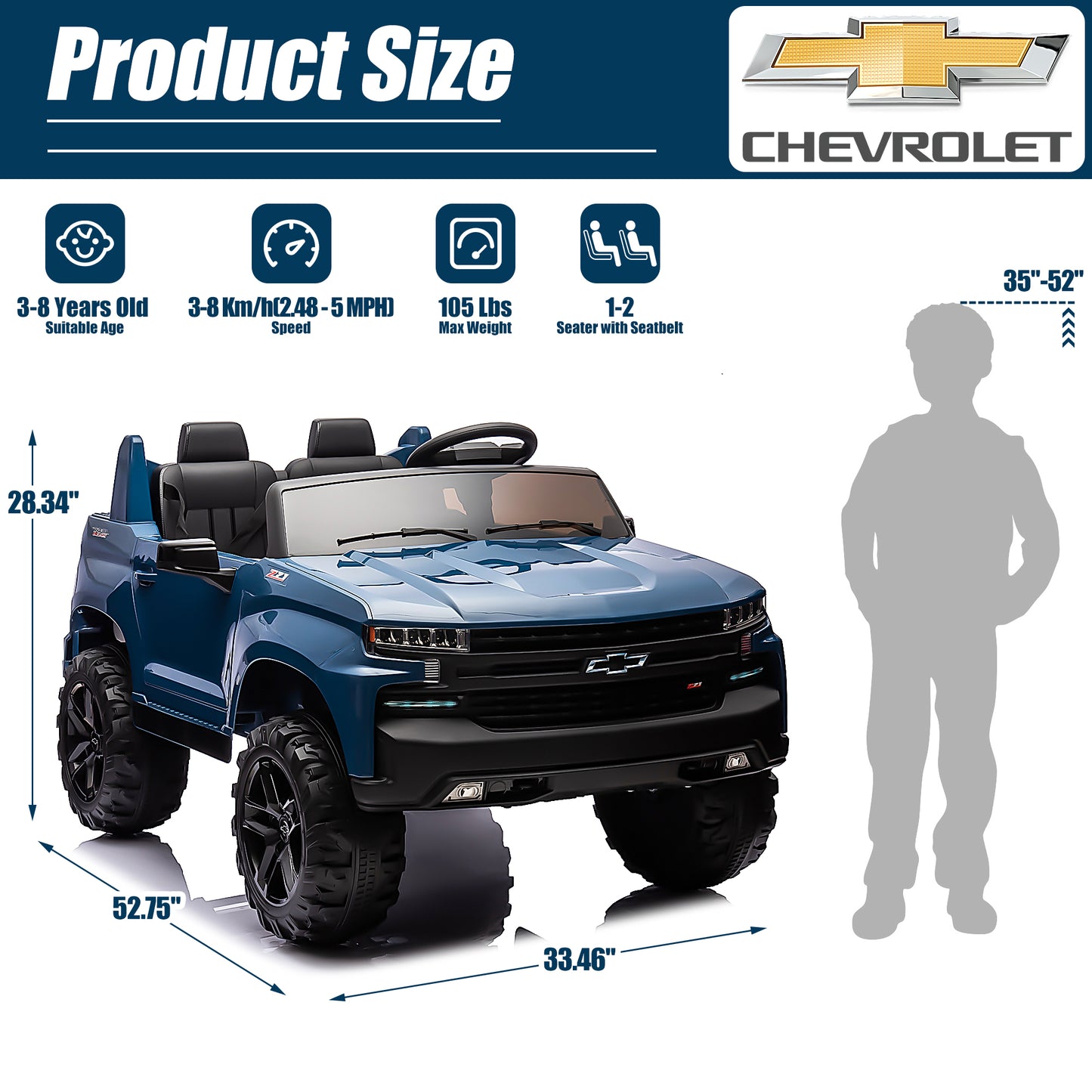 2 Seater 24V Ride on Cars with Remote Control, Licensed Chevrolet Silverado Kids Ride on Truck for Boys Girls Birthday Christmas Gifts, Battery Powered Kids Electric Cars with LED Lights, Music, Blue