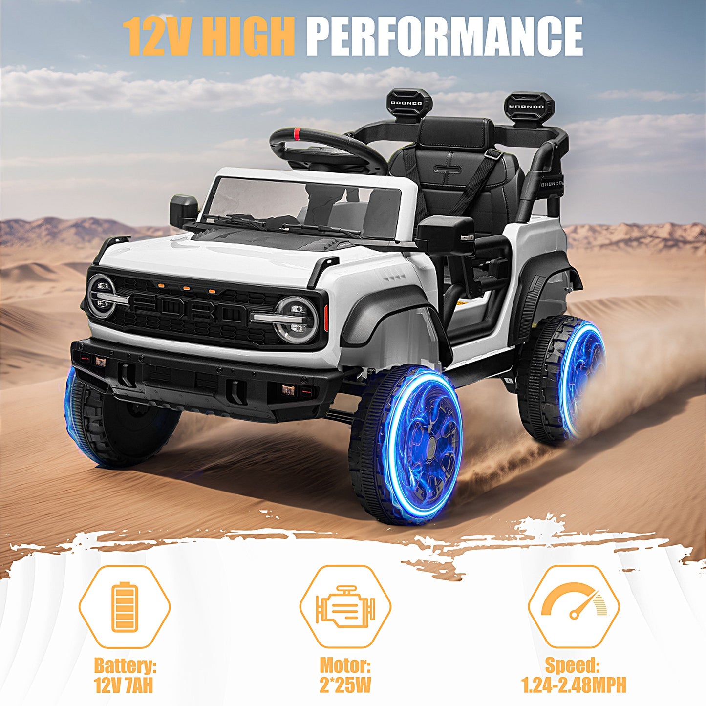 12V Powered Ride on Car, Ford Bronco Raptor Ride on Toys with Remote Control, Battery Powered Ride on Trucks with Bluetooth Music, LED Light, Kids Car Electric Vehicle for Boys Girls Gifts, White