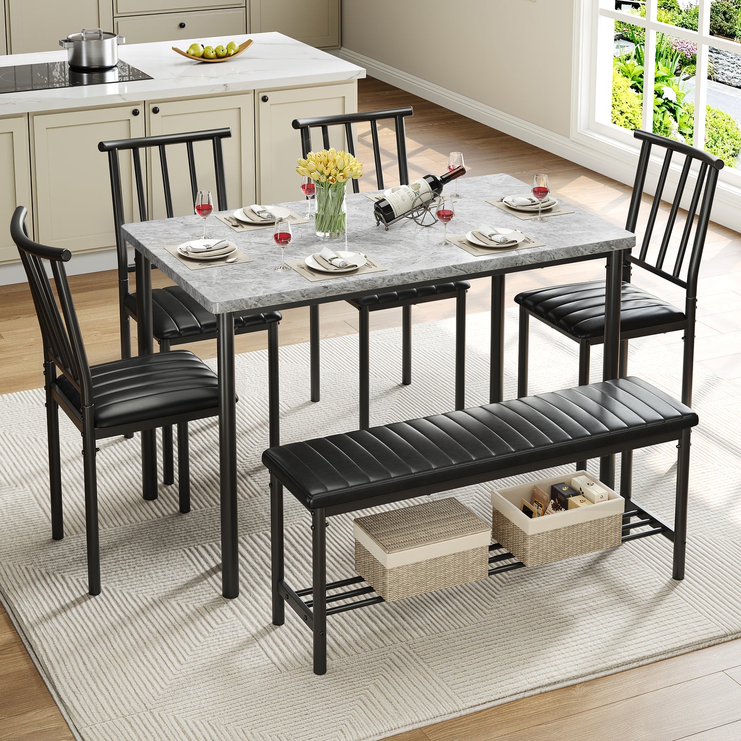 Dining Table Set for 6, Modern Faux Marble Dining Room Table Sets with 4 Leatherette Chairs&1 Bench, Rectangular Kitchen Table and Chairs Set for Apartment, Space Saves Gray Table and Leather Chairs