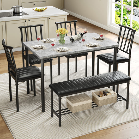 Dining Table Set for 6, Modern Faux Marble Dining Room Table Sets with 4 Leatherette Chairs&1 Bench, Rectangular Kitchen Table and Chairs Set for Apartment, Space Saves Gray Table and Leather Chairs