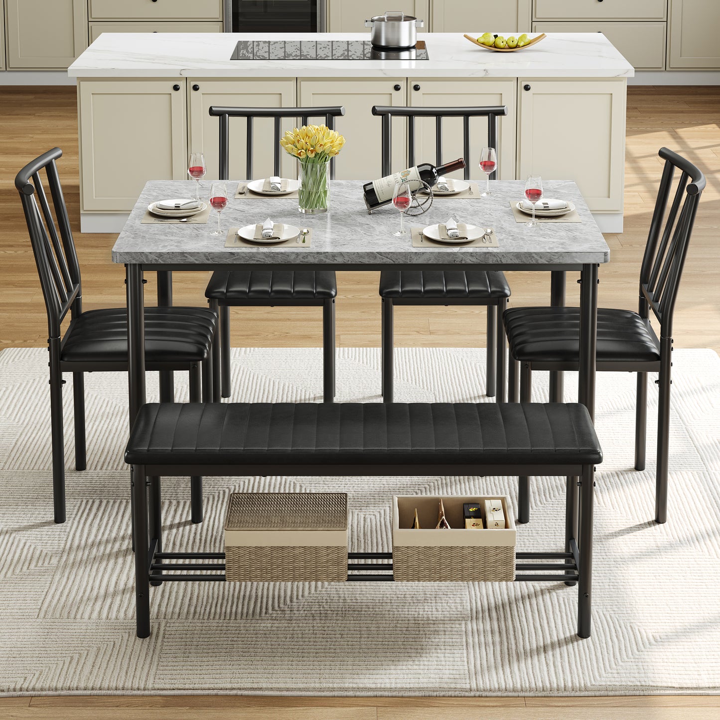 Dining Table Set for 6, Modern Faux Marble Dining Room Table Sets with 4 Leatherette Chairs&1 Bench, Rectangular Kitchen Table and Chairs Set for Apartment, Space Saves Gray Table and Leather Chairs