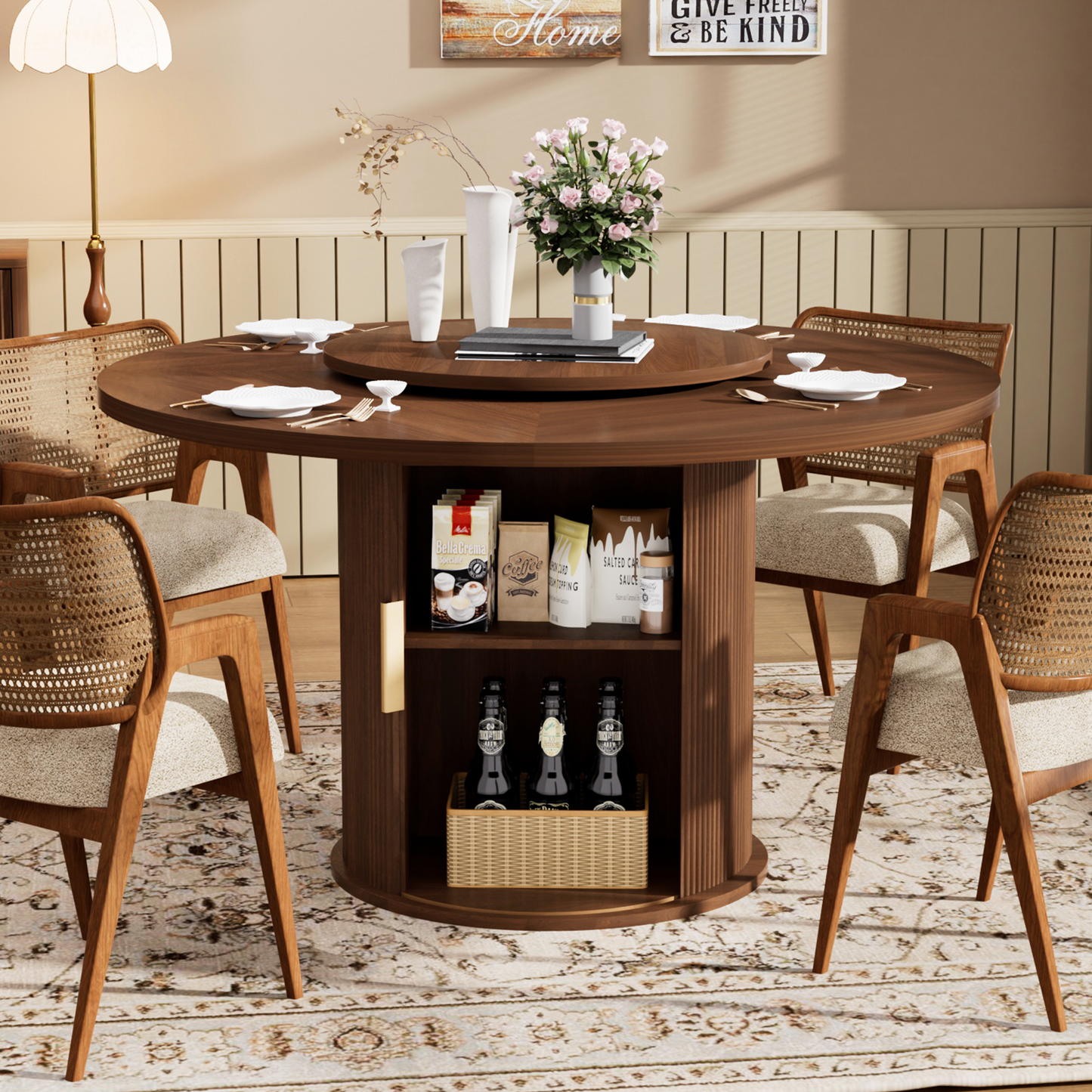 47.5in Round Dining Table, LEGAHOME Wood Round Table for 6, Kitchen Dining Table with Pedestal Base for Dining Room, Brown(Only Table)