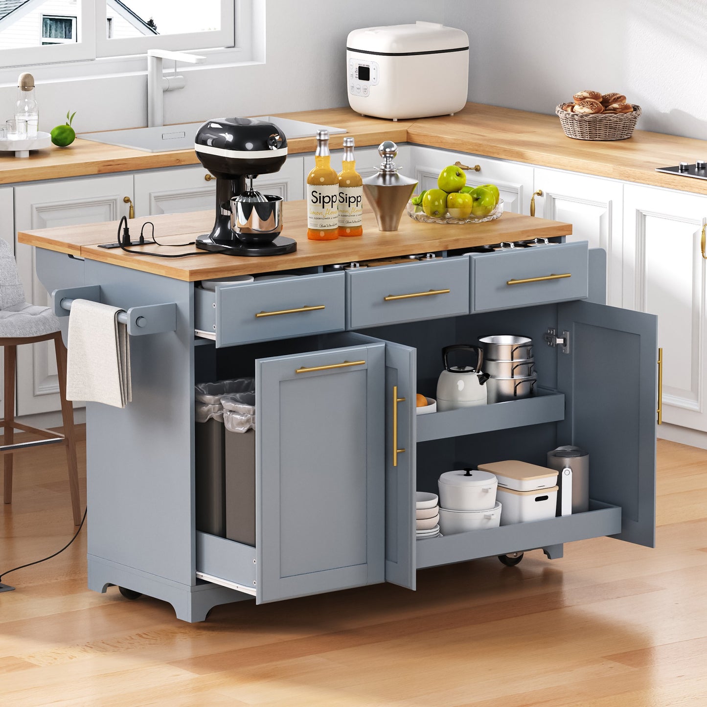 LEGAHOME 59.3” Kitchen Island with Rubberwood Drop-Leaf Top