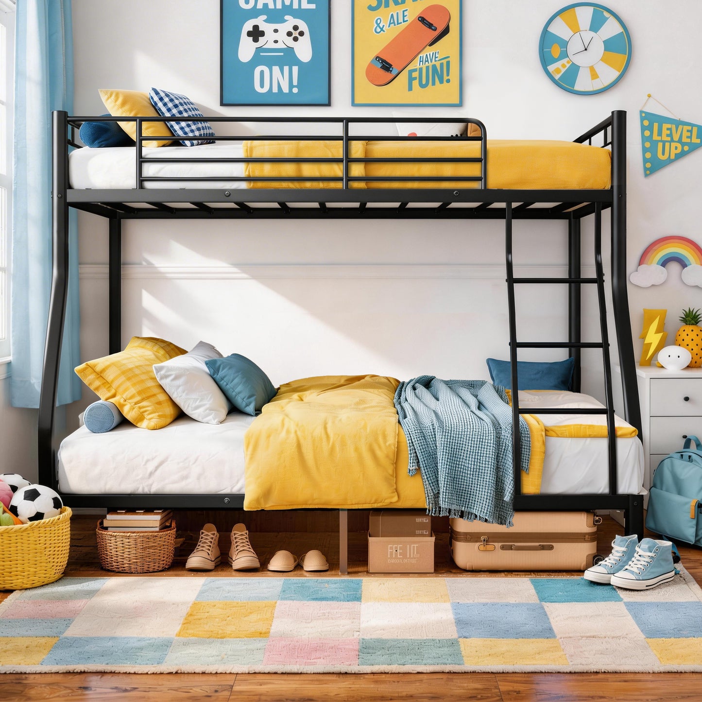 Twin Over Full Bunk Beds for Teens, LEGAHOME Heavy-Duty Metal Bunk Bed with Under-Bed Storage, 350lbs Capacity Space-Saving Bunkbeds Frame with Full-Length Guardrail, Black