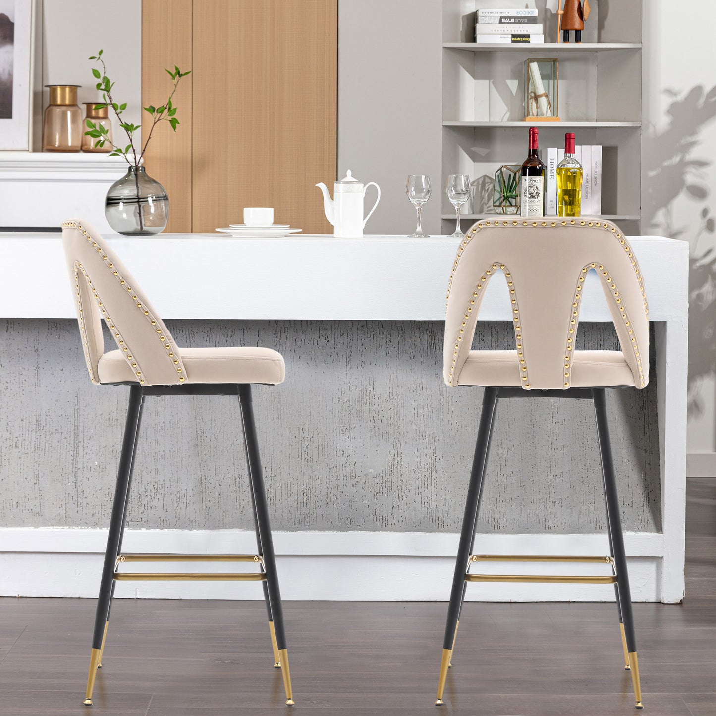 Counter Height Bar Stools Set of 2, Velvet Upholstered Bar Chairs with Nailheads & Gold Tipped Black Metal Legs, Beige